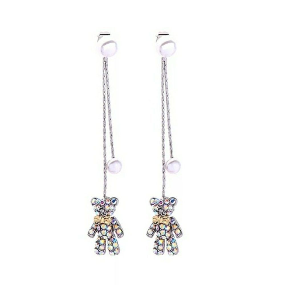 White Crystal Bear Pearl Versatile Vintage Silver Statement Dangle Earrings